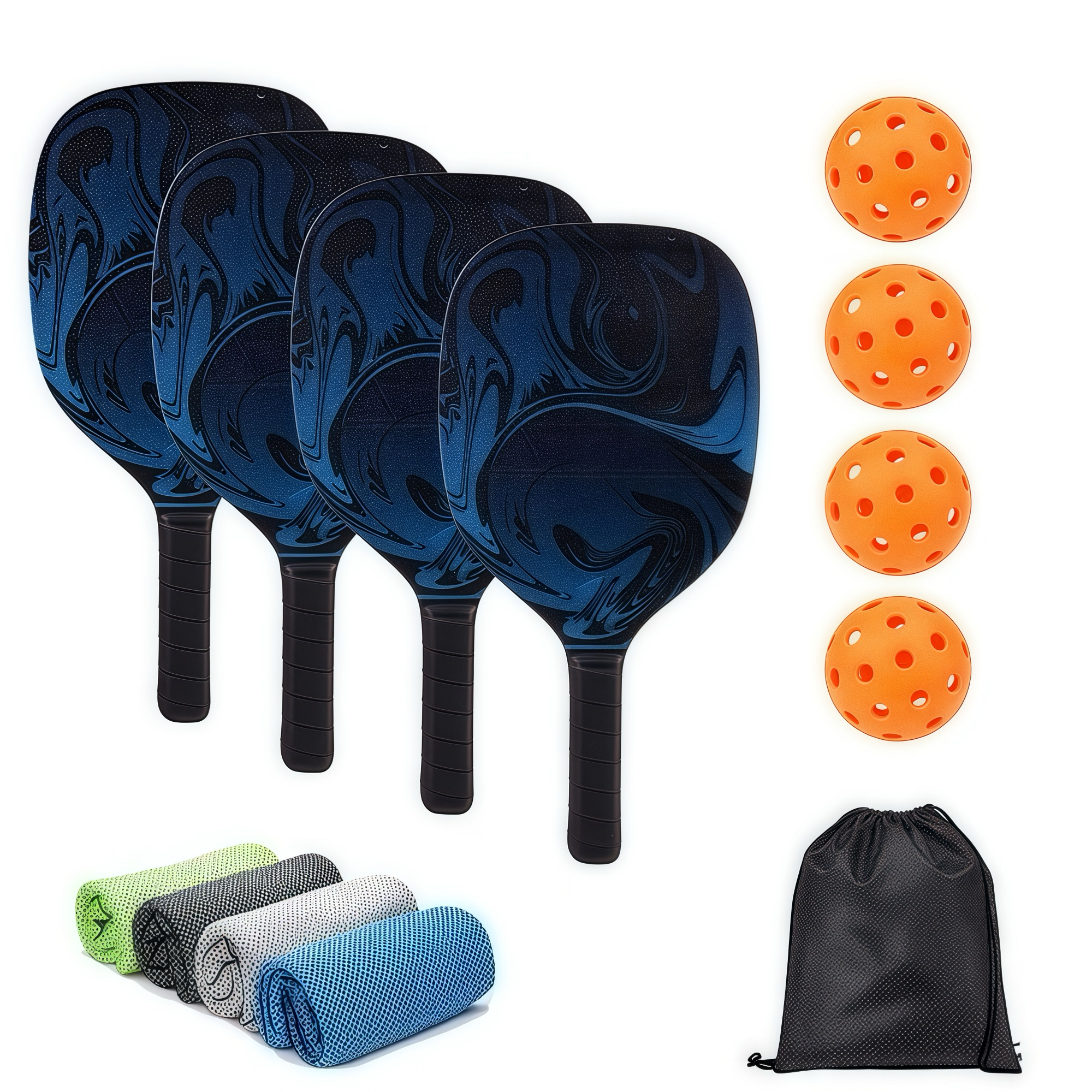 Wooden Fiber Pickball Set of 4, Pickleball Set with 4 Pickleball Rackets, Drawstring bag, 4 coolmax towel  and 4 Ball, Pickleball Paddles Set ​for Men Women