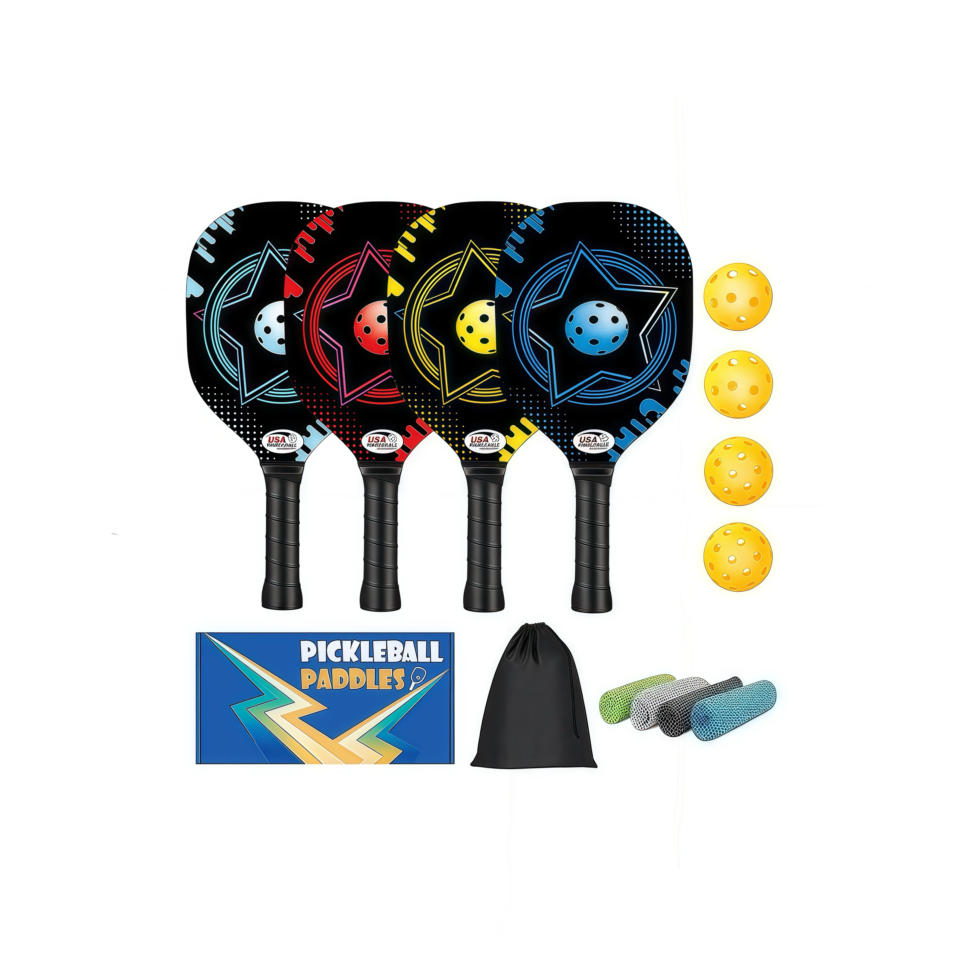 Color Box Wooden Fiber Pickball Set of 4, Pickleball Set with 4 Pickleball Rackets, Drawstring bag, 4 coolmax towel , 4 Ball and Color Box, Pickleball Paddles Set ​for Men Women