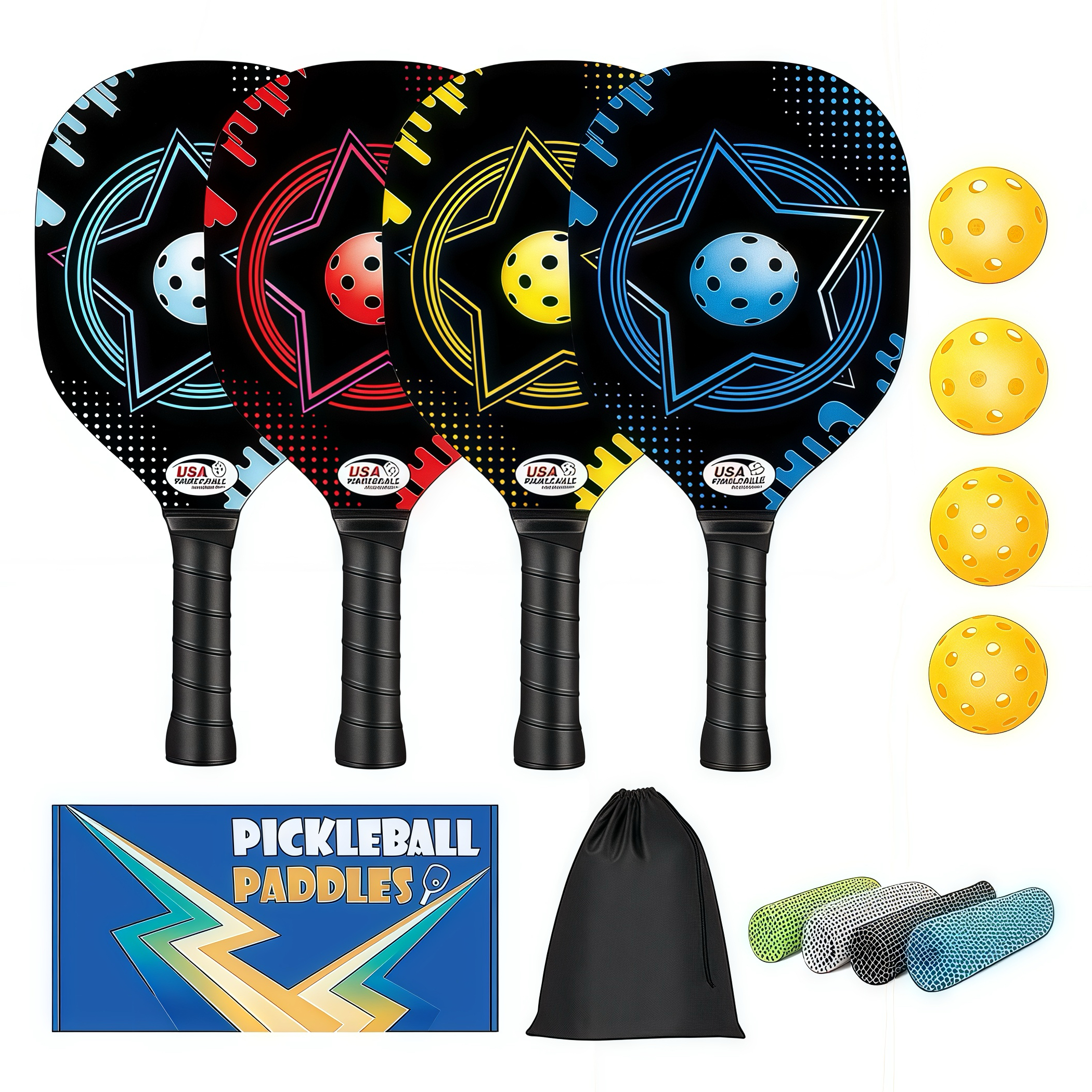 Color Box Wooden Fiber Pickball Set of 4, Pickleball Set with 4 Pickleball Rackets, Drawstring bag, 4 coolmax towel , 4 Ball and Color Box, Pickleball Paddles Set ​for Men Women