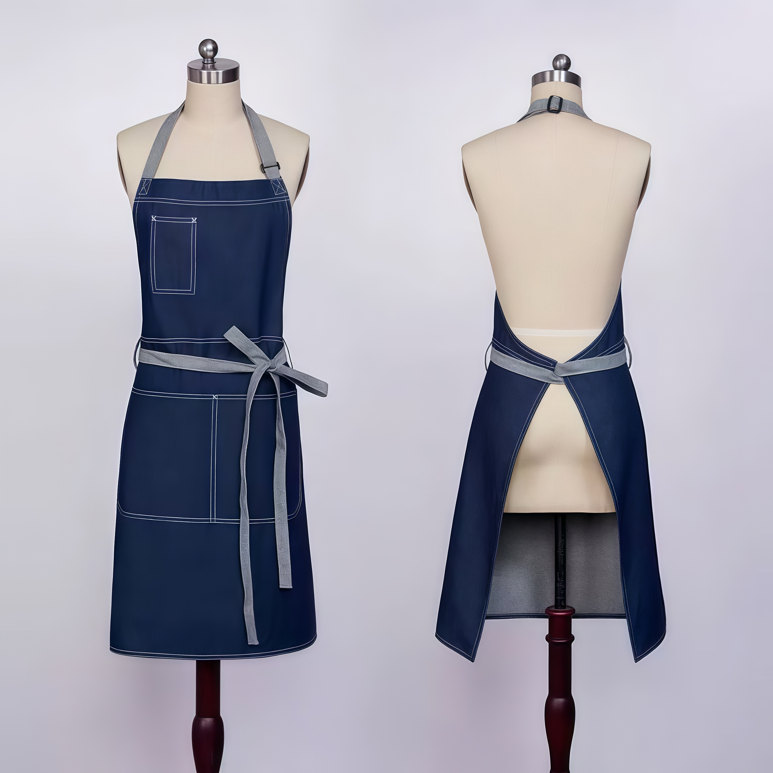 12 oz. 100% Cotton Denim Kitchen Aprons w/ Grey front straps & 2 Pockets