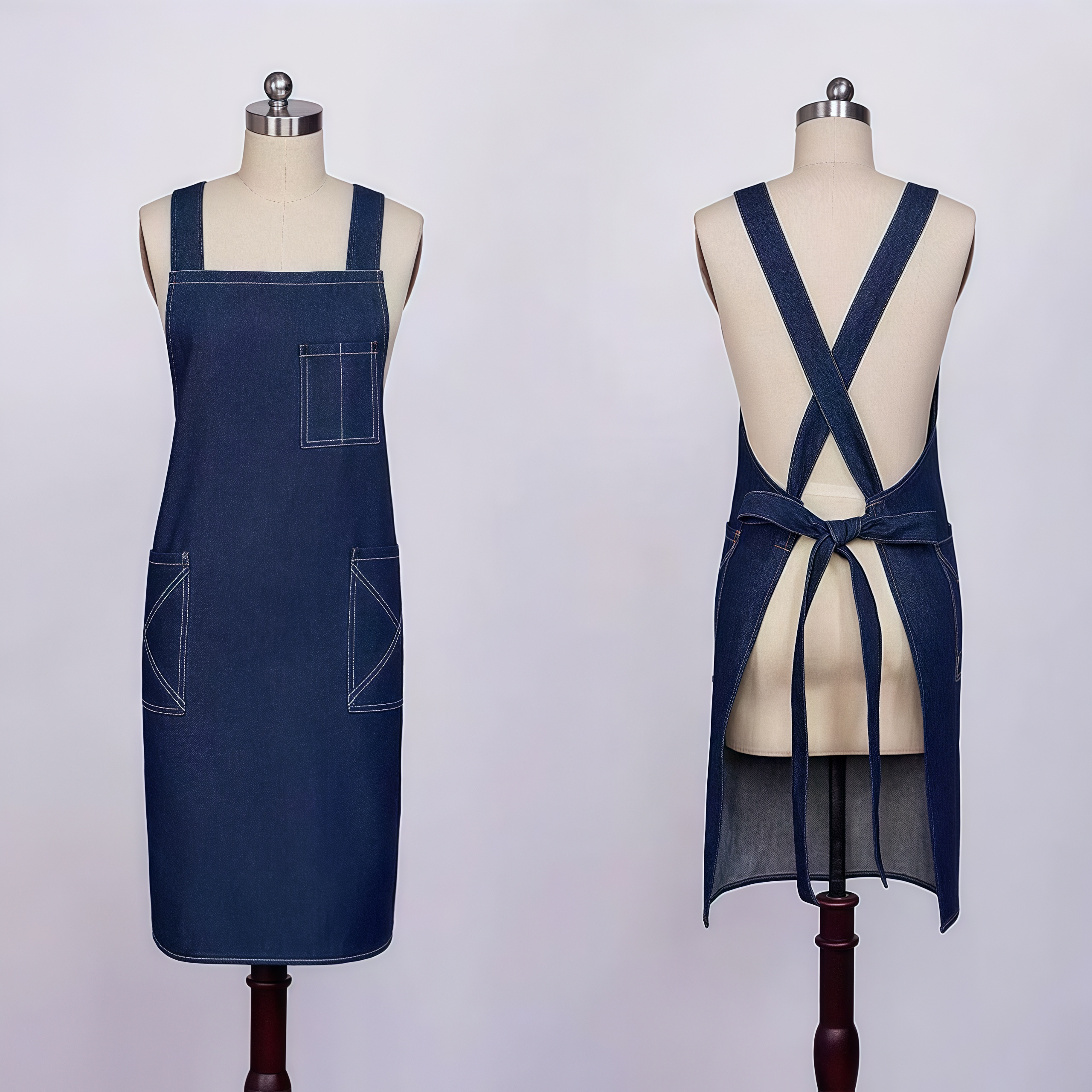 Cotton Denim Kitchen Aprons w/ Cross Strap & 2 pockets
